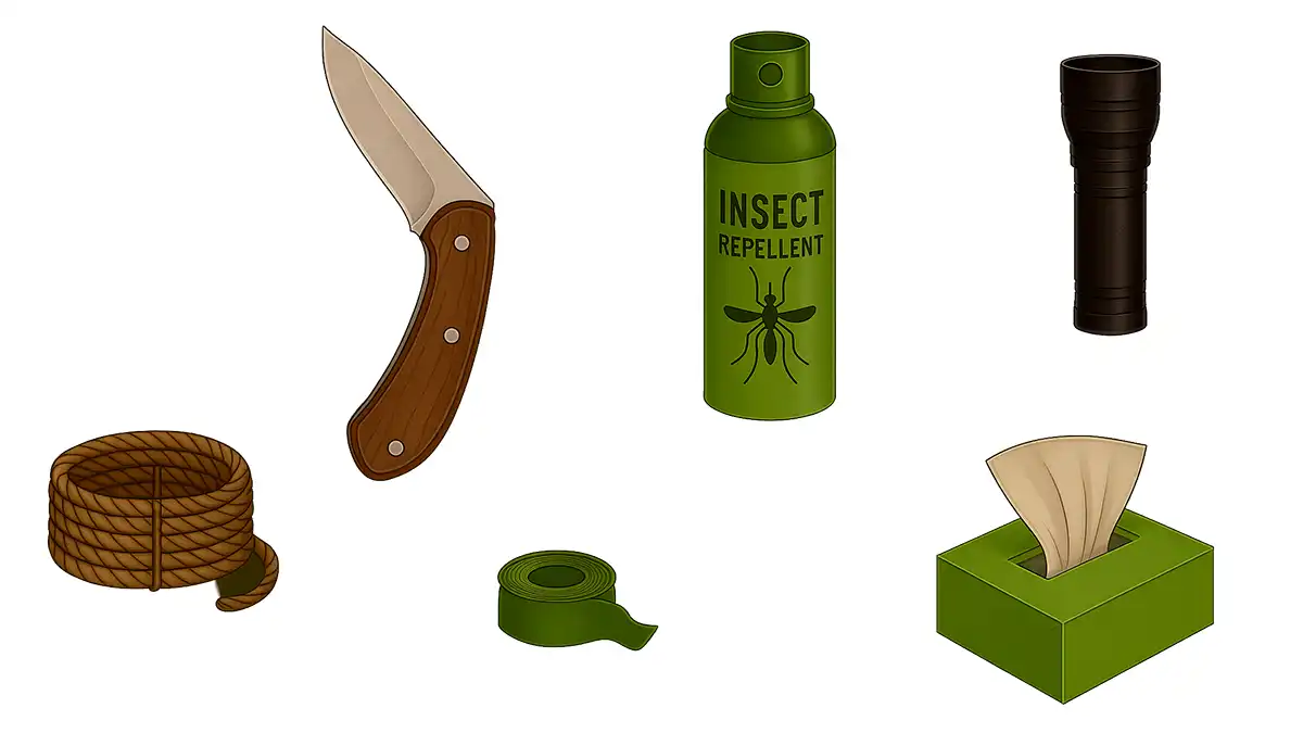 Navaja, linterna de bolsillo, rollo de cuerda, spray, papel