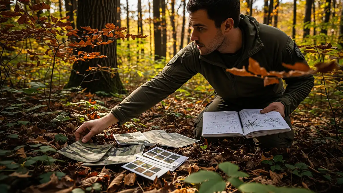 Cazador observando terreno e iluminación para adaptar colores y patrones de camuflaje.