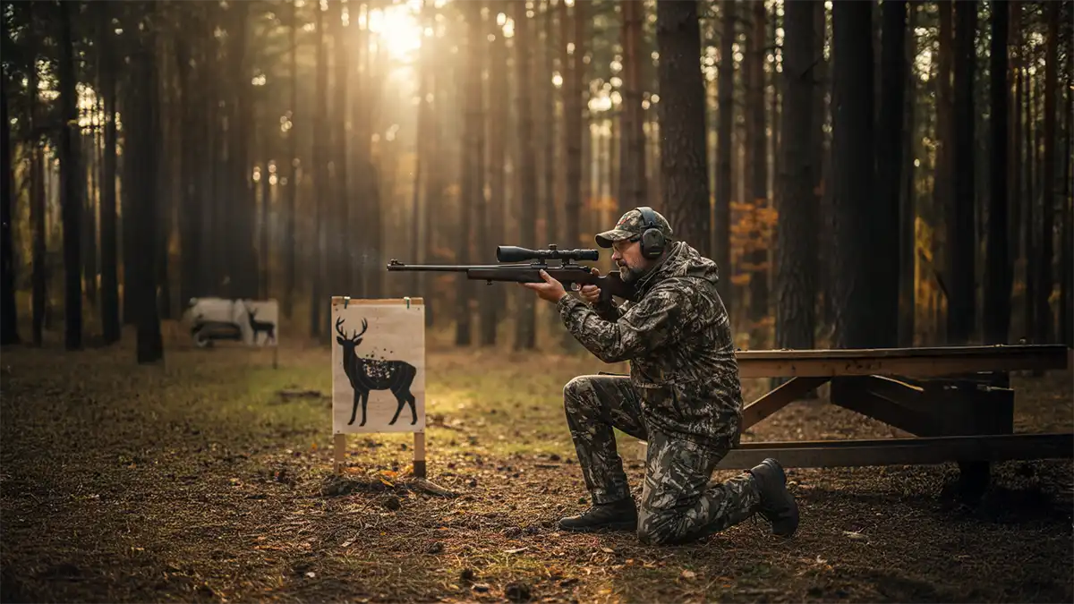 Cazador apuntando con precisión para realizar un disparo efectivo y minimizar el sufrimiento animal